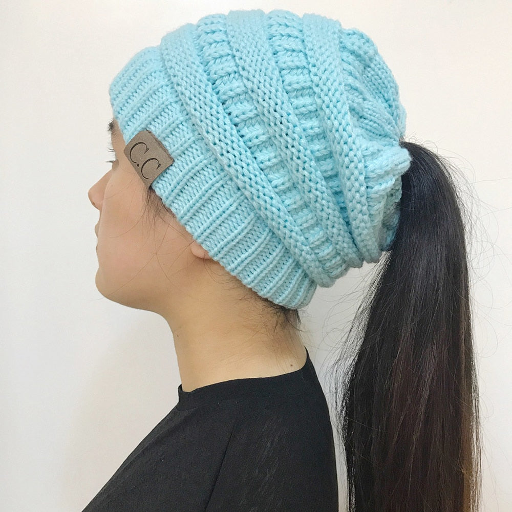 High Bun Ponytail Beanie Soft Stretch Cable Knit Warm Fuzzy Lined