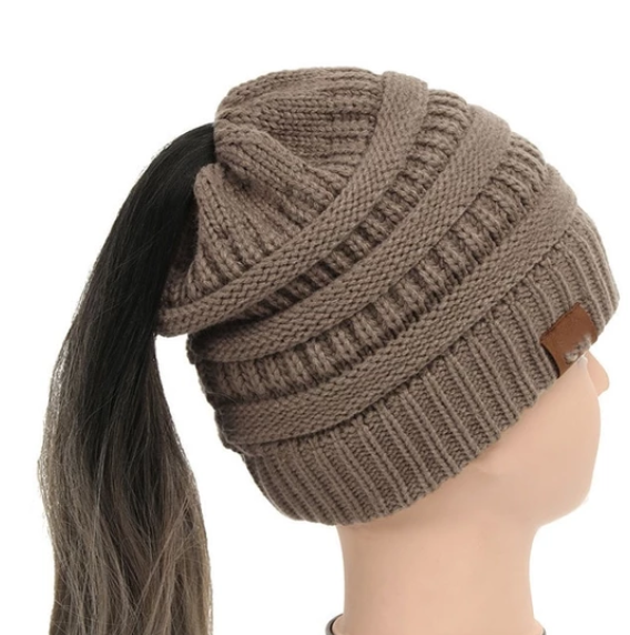 High Bun Ponytail Beanie Soft Stretch Cable Knit Warm Fuzzy Lined