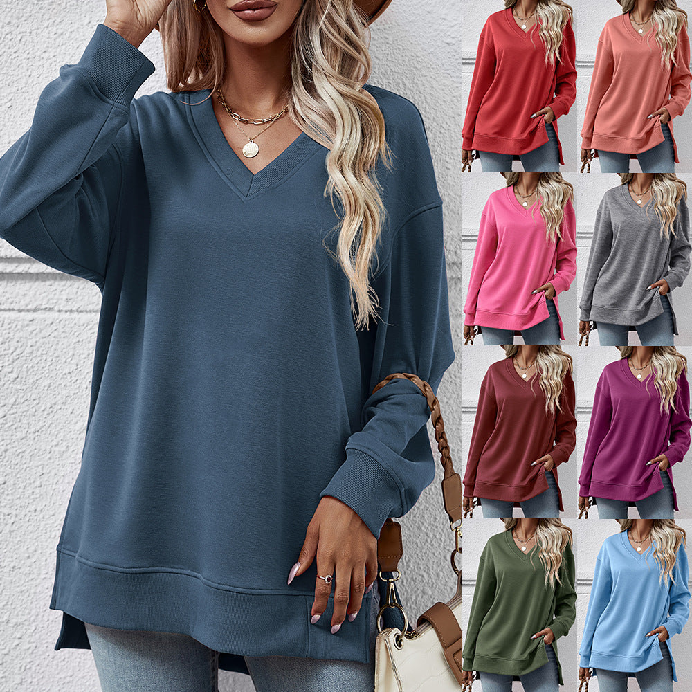 Women's Long V-neck Casual Split in the Side length longer in the back Sweater