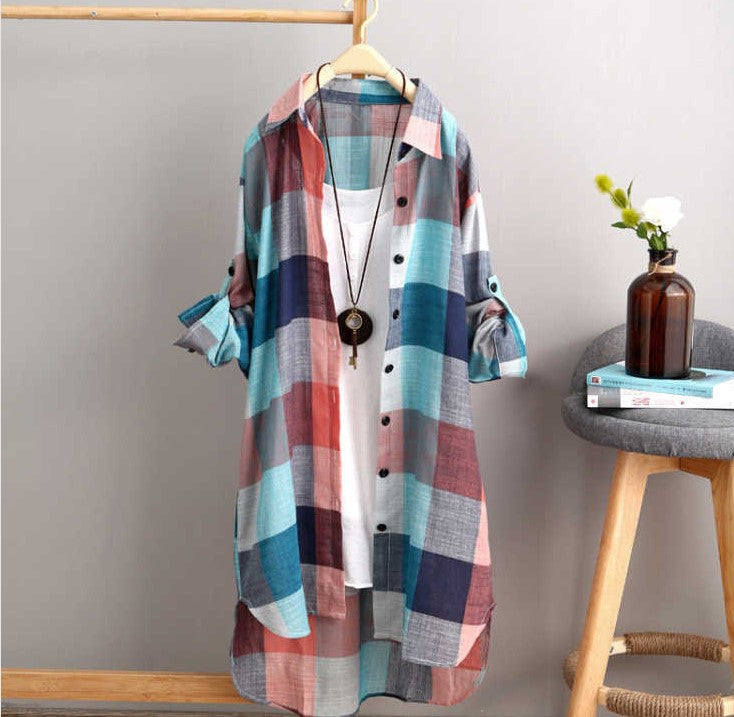 Women's Long length Plaid Button-up Shirt or Cardigan