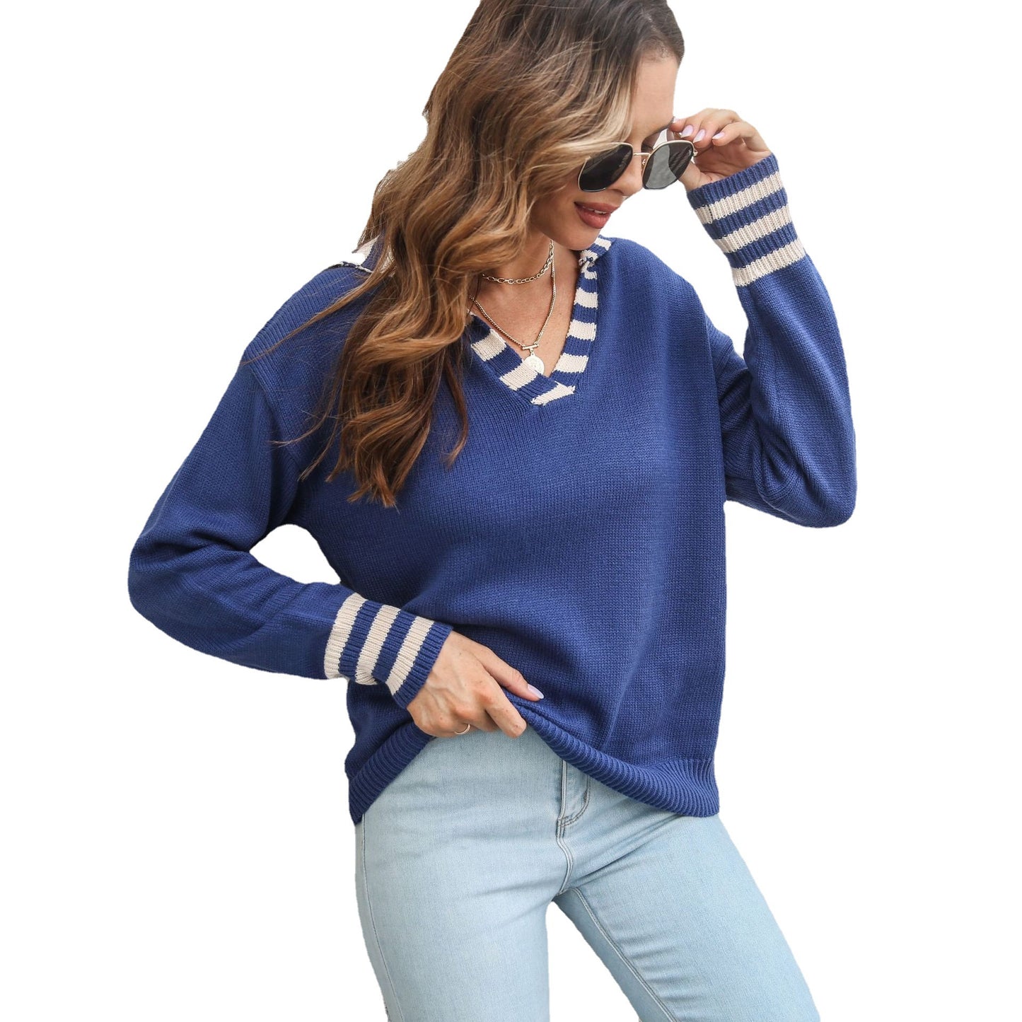 Women's Striped Lapel Loose Long Sleeve Sweater