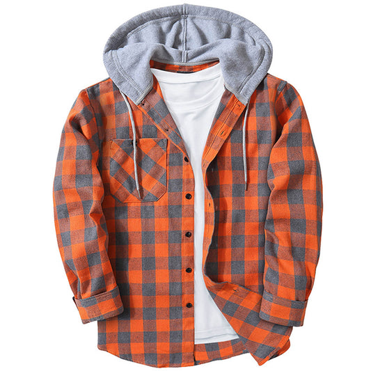 Men's Casual Hooded Plaid Long Sleeve Shirt - Various Plaid Colors