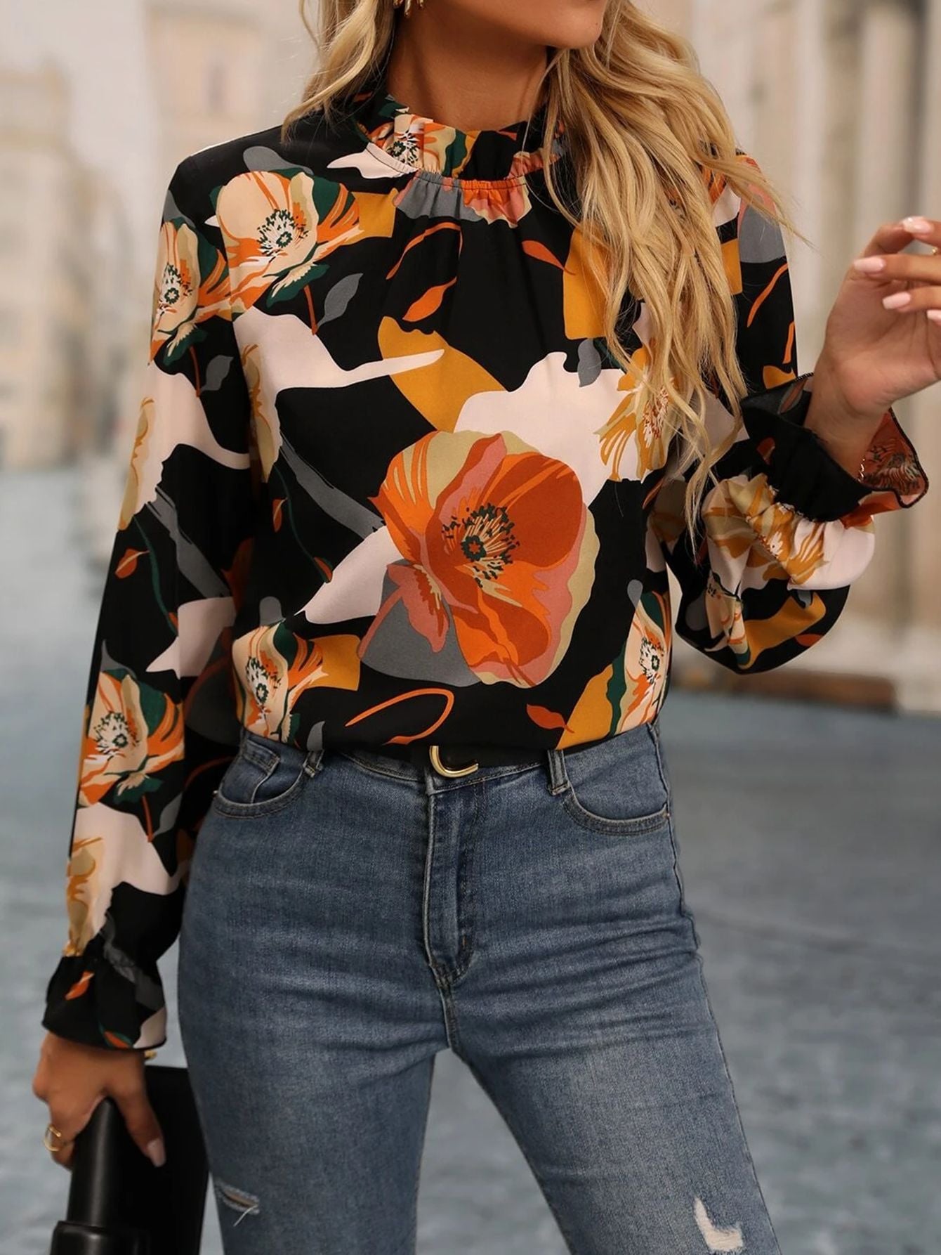 Women Casual Ruffled Collar Long Sleeve Shirt