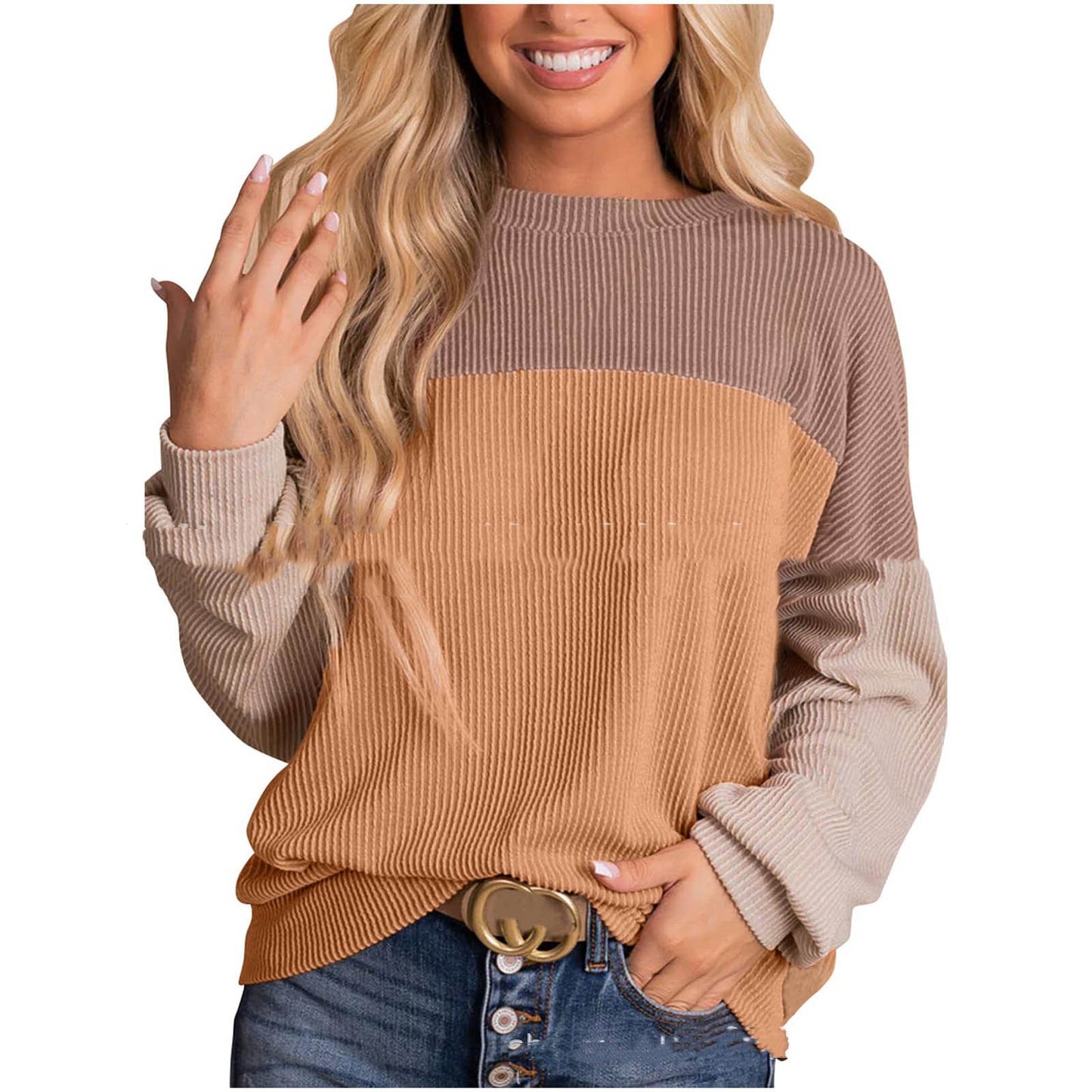 Women's Color Blocking Round Neck Long Sleeve Top