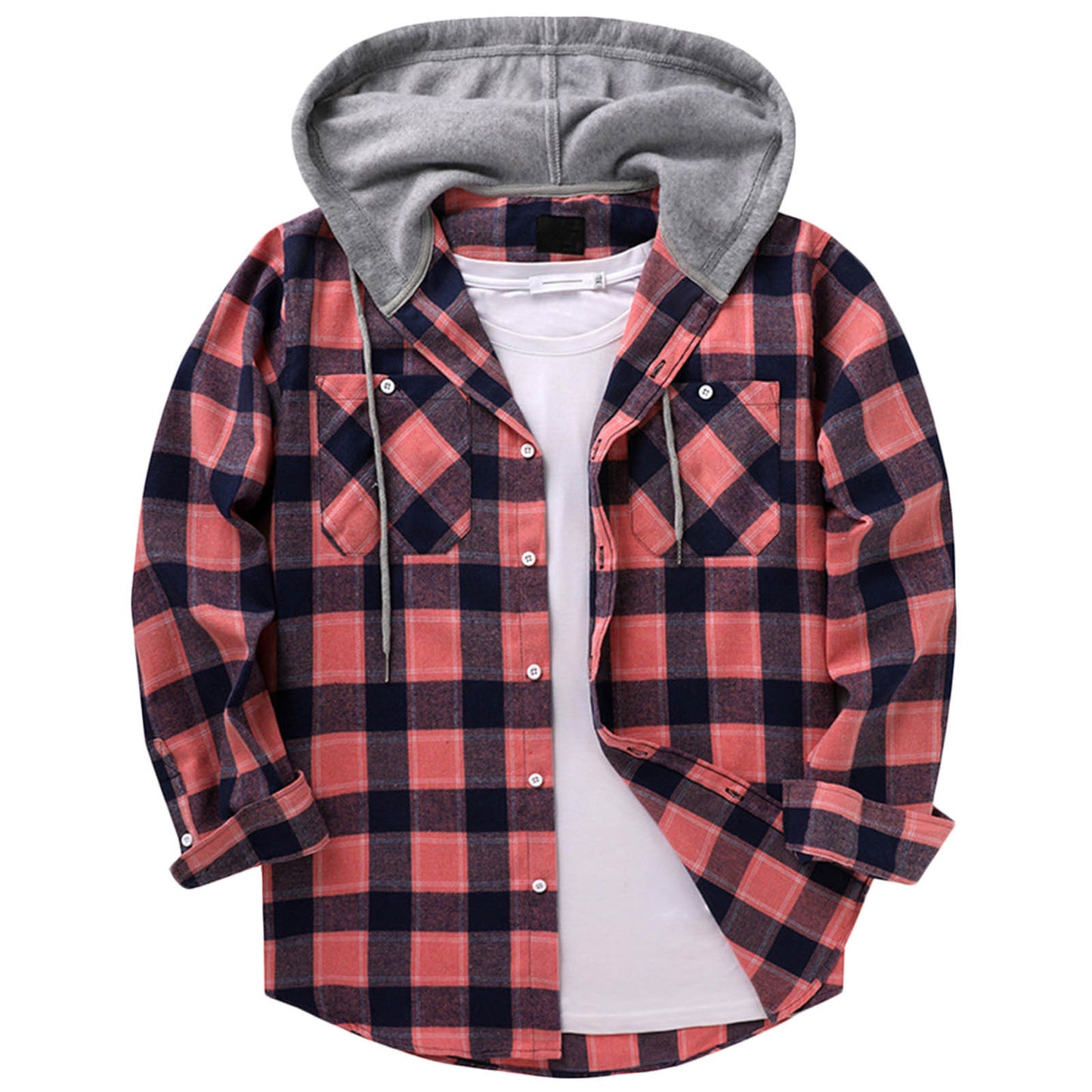 Men's Casual Hooded Plaid Long Sleeve Shirt - Various Plaid Colors