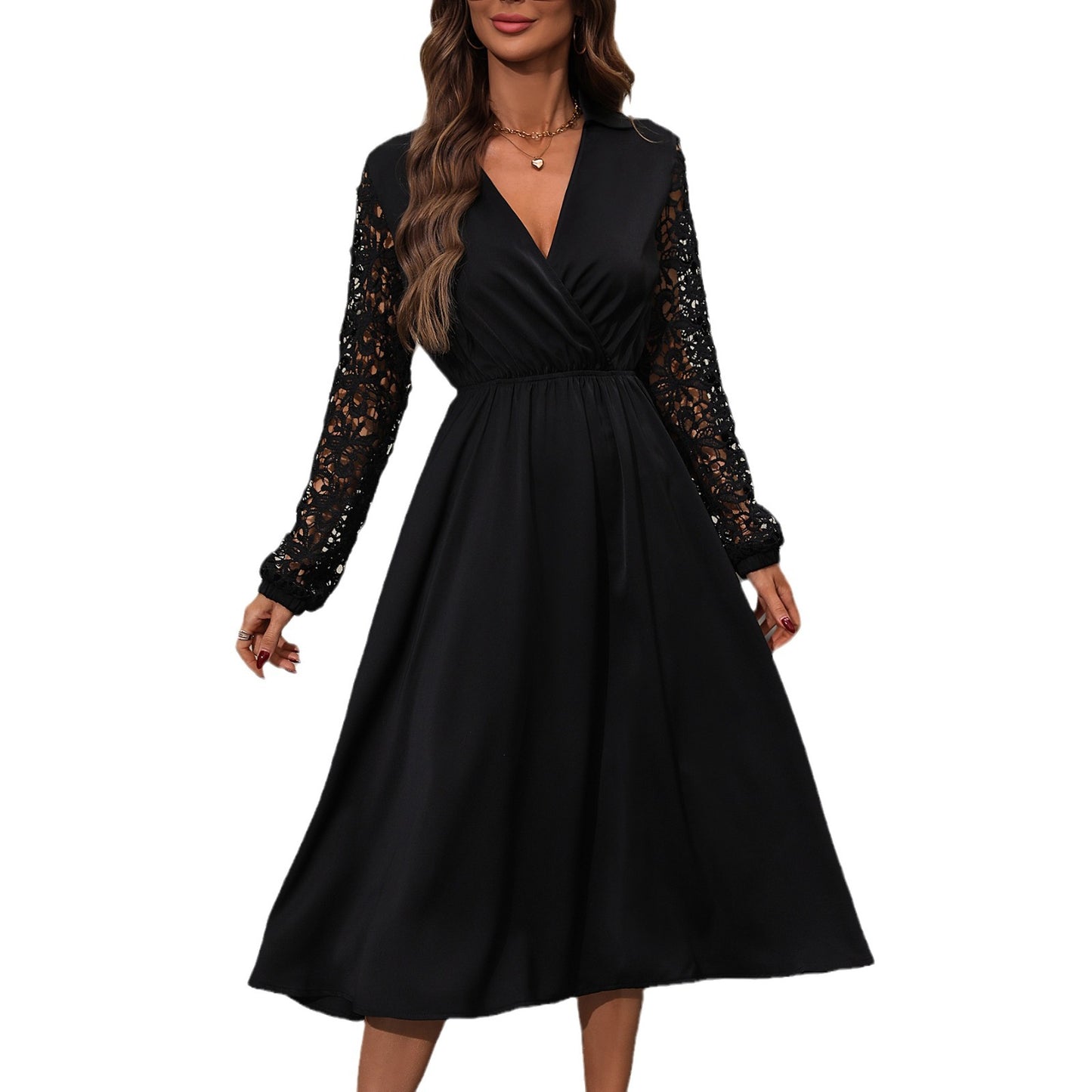 Women's Elegant Lace Sleeves High Waist Slimming Long Dress