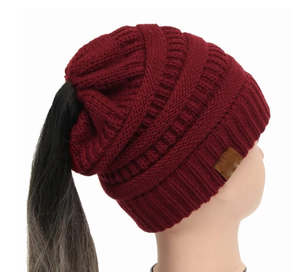 High Bun Ponytail Beanie Soft Stretch Cable Knit Warm Fuzzy Lined