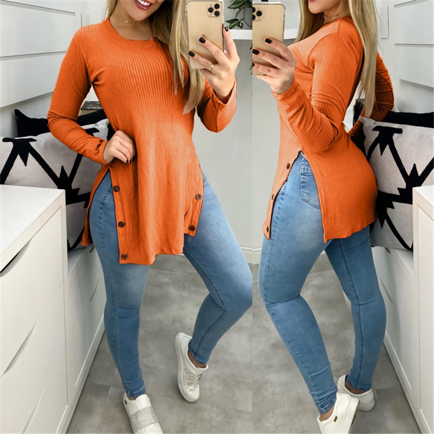 Women's Round Neck Side Slit with Buttons Long-sleeve Shirt (S-5XL)