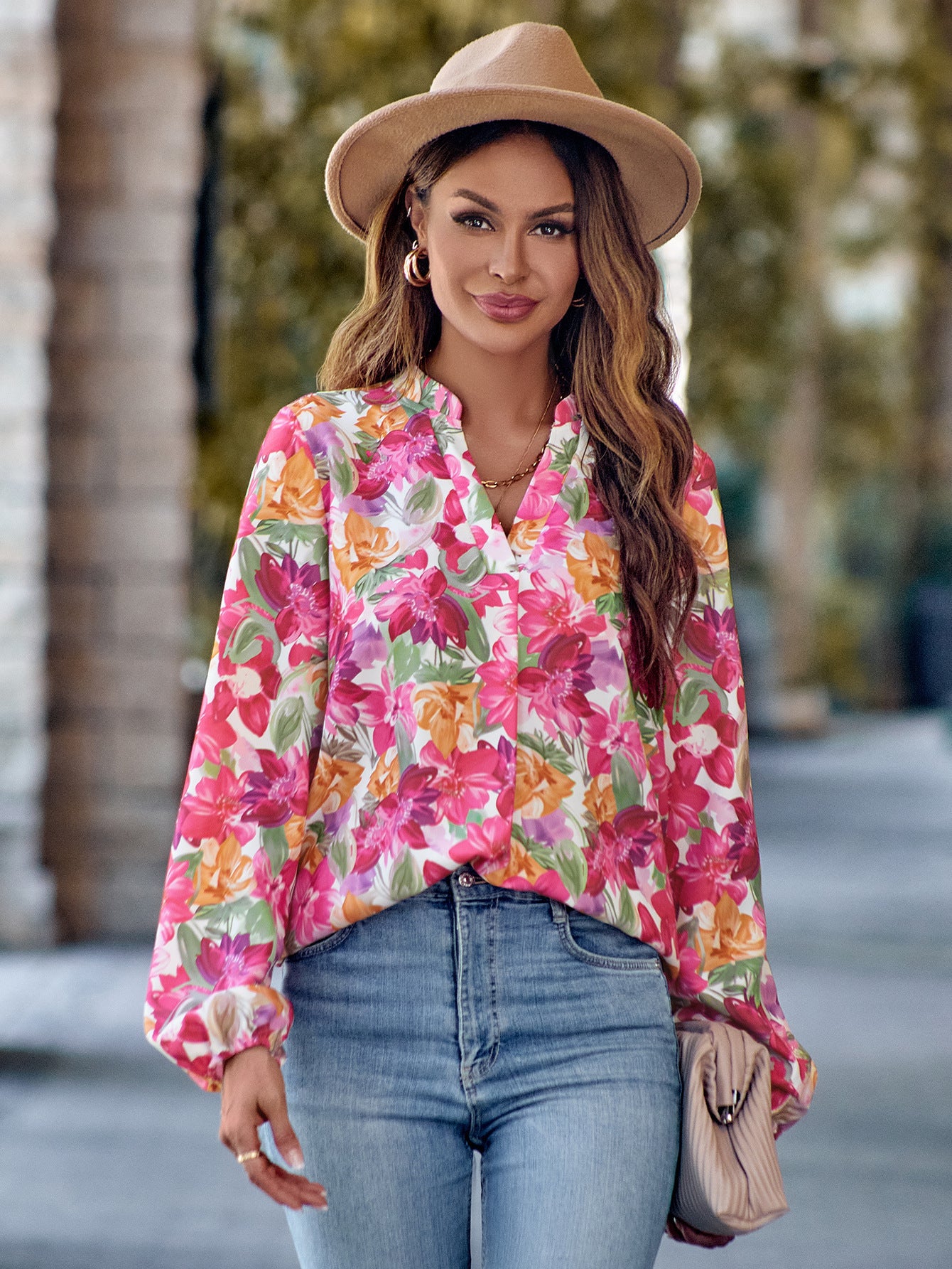 Women's V-neck Fashion Printed Long Sleeve Top