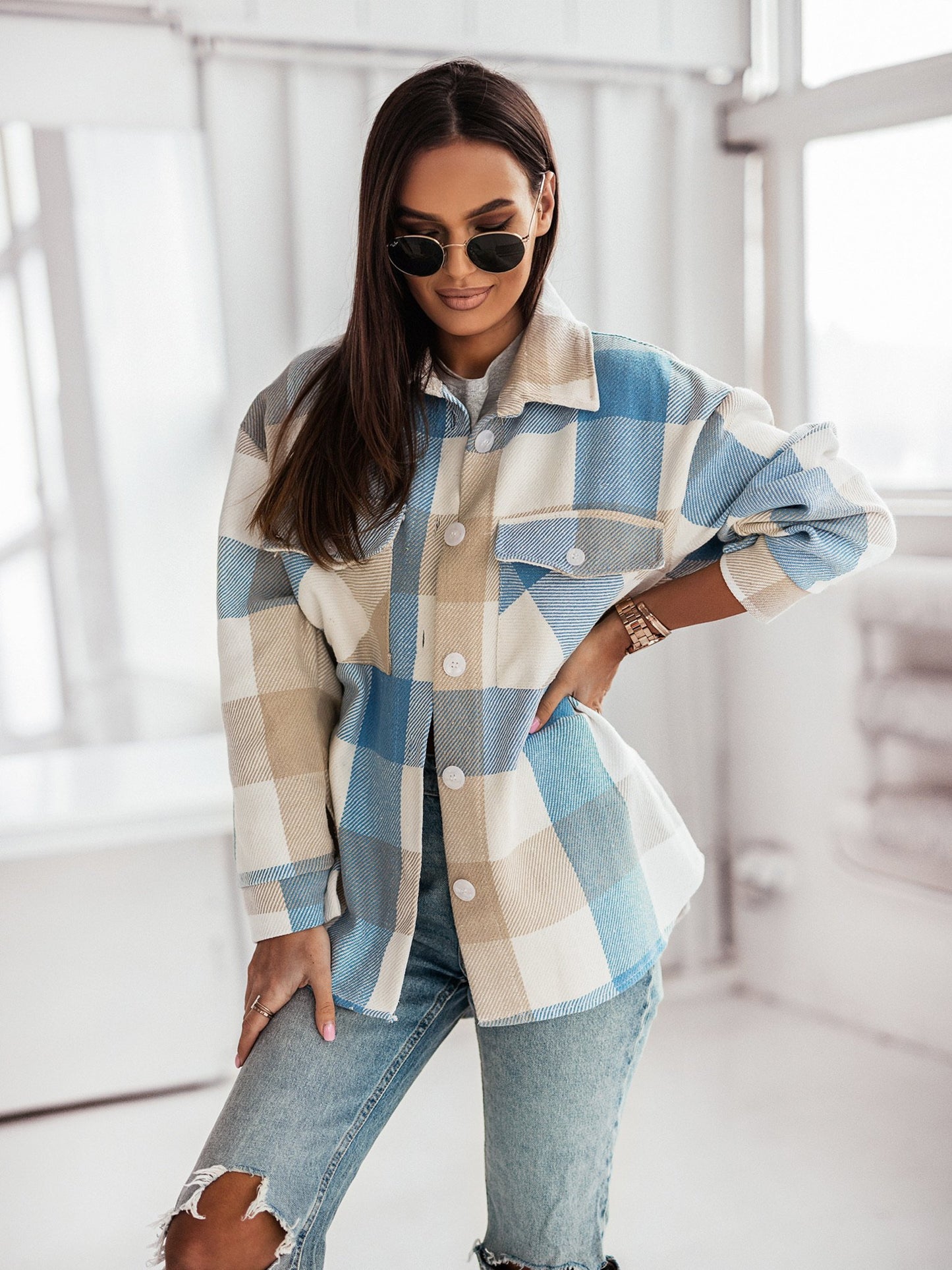 Women's Fashionable Color Plaid Shirt/ Overcoat