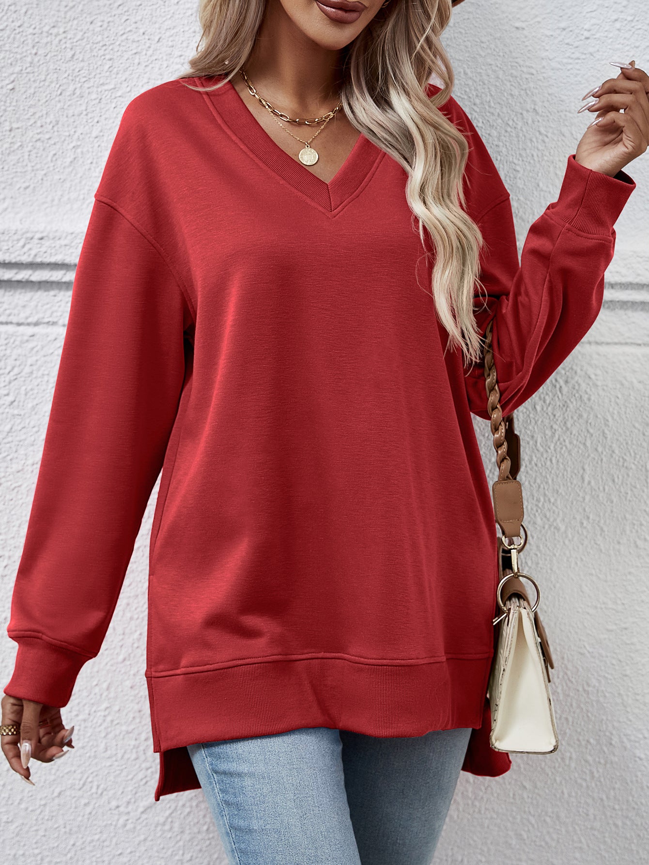 Women's Long V-neck Casual Split in the Side length longer in the back Sweater