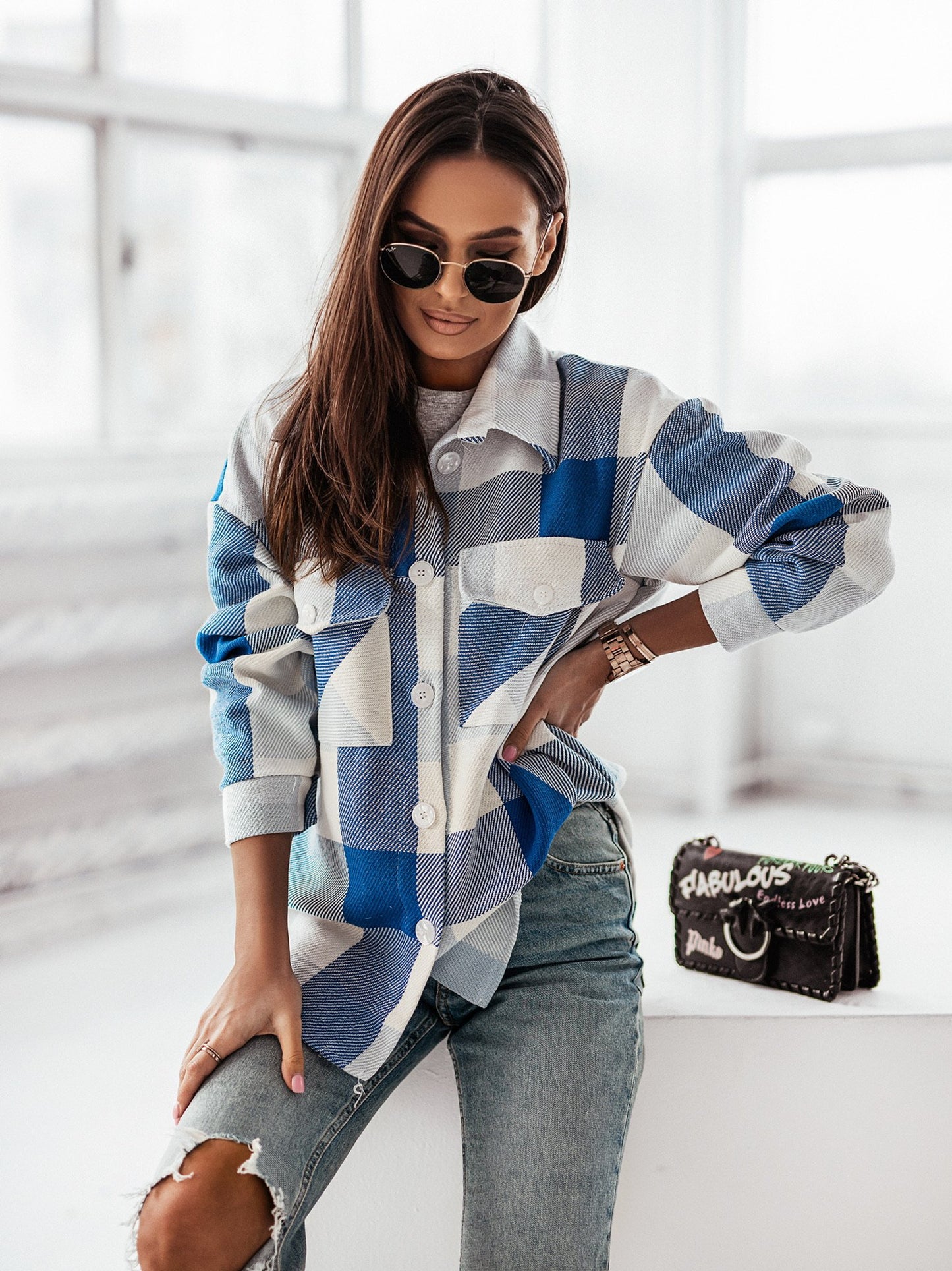 Women's Fashionable Color Plaid Shirt/ Overcoat