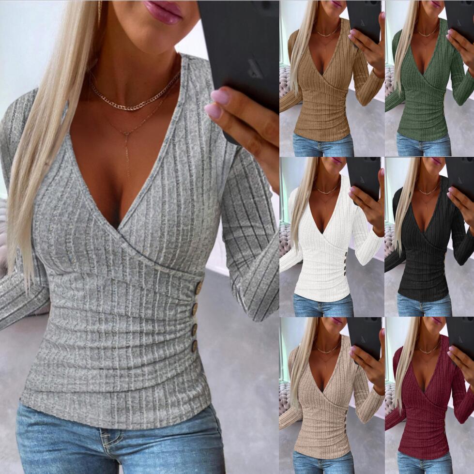 Women's Sunken Side Buttons Knitted Pullover V-neck Slim fit Long sleeve shirt