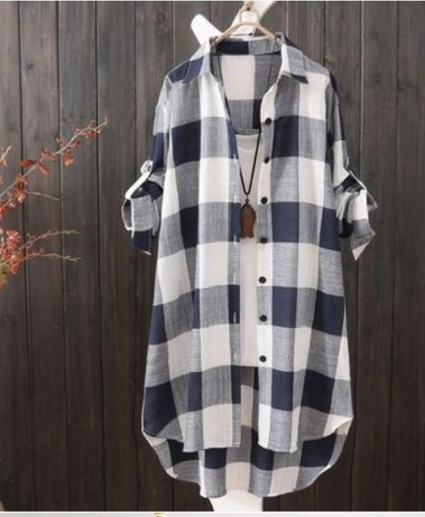 Women's Long length Plaid Button-up Shirt or Cardigan