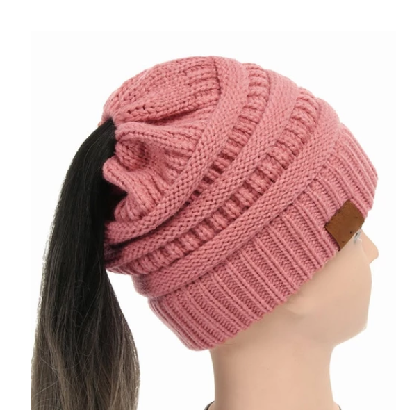 High Bun Ponytail Beanie Soft Stretch Cable Knit Warm Fuzzy Lined