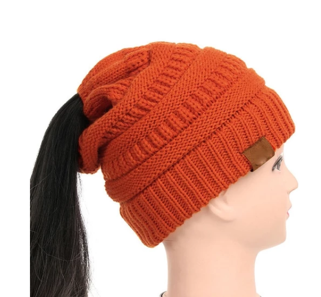 High Bun Ponytail Beanie Soft Stretch Cable Knit Warm Fuzzy Lined