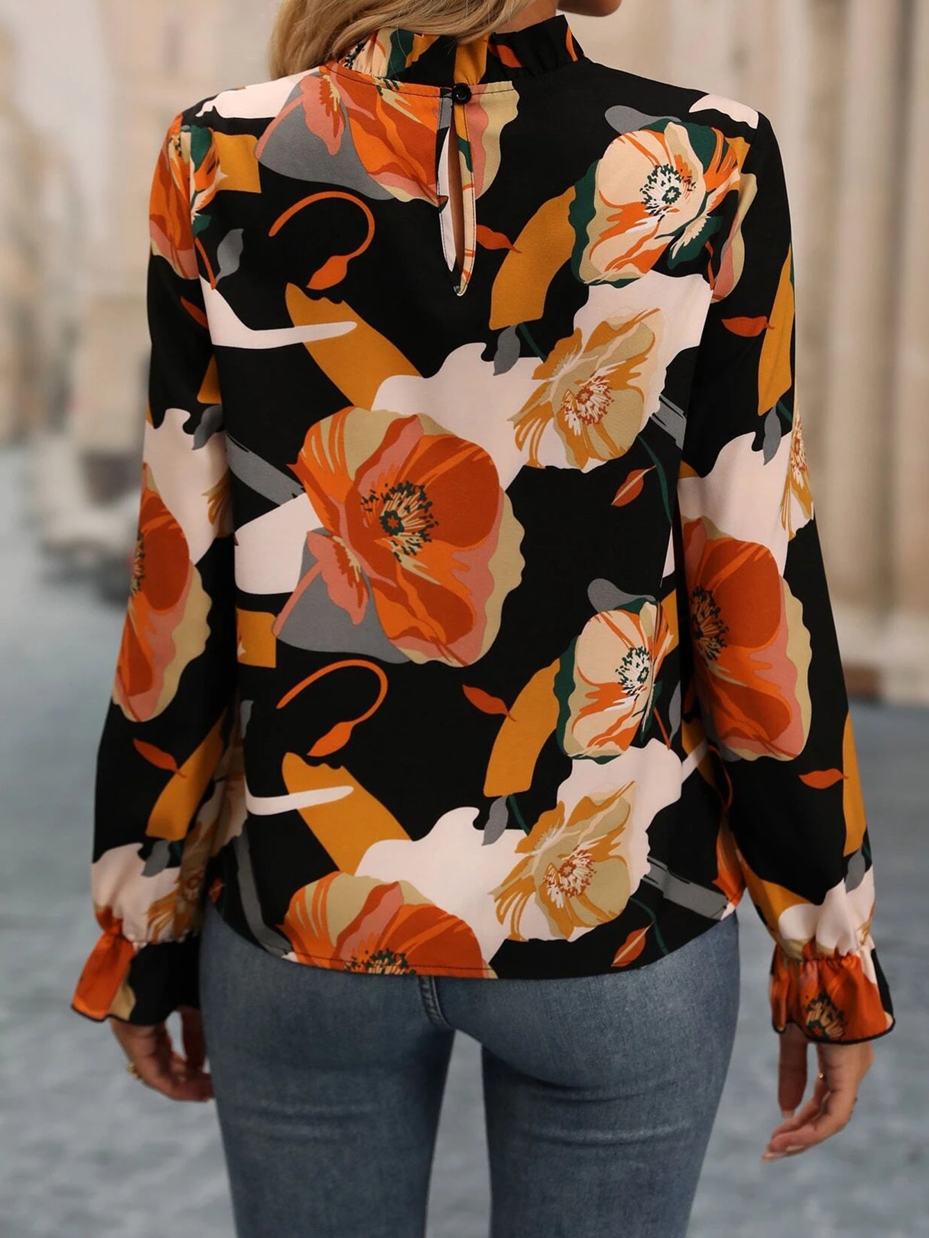 Women Casual Ruffled Collar Long Sleeve Shirt