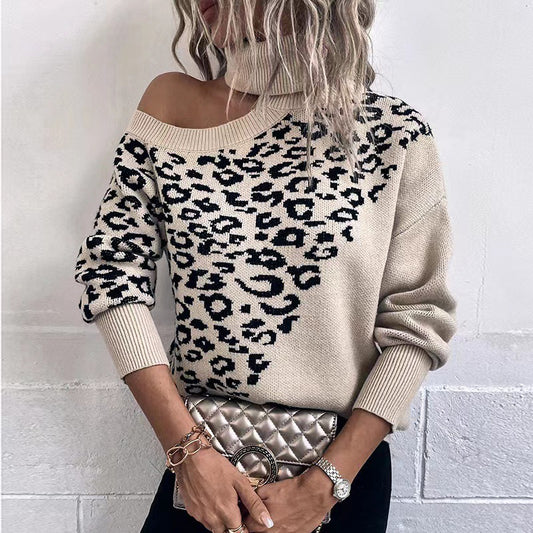 Women's Leopard Print Long-sleeved Sweater Shoulder-baring Sweater