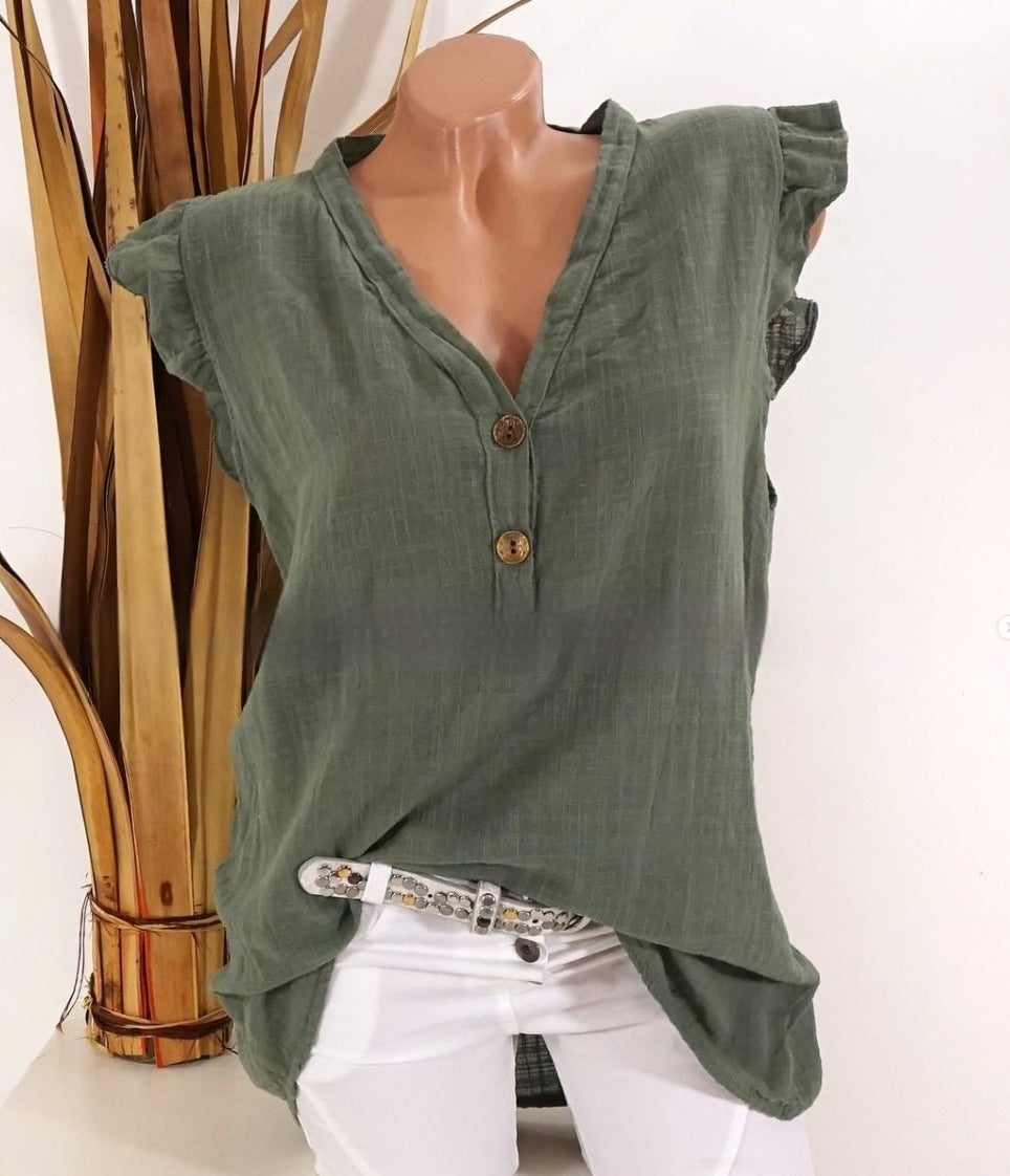 Women's V-neck Cotton and Linen Loose Ruffle Sleeve Sleeveless Shirt