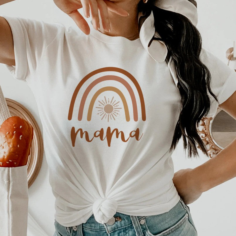 Women's Boho Burnt Orange Rainbow Sun Mama T-shirt