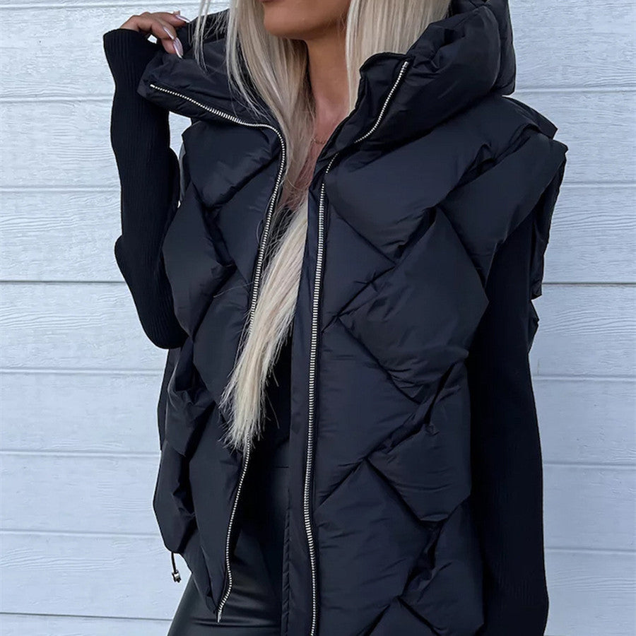 Women's Hooded Diamond Pattern Warm Leisure Vest