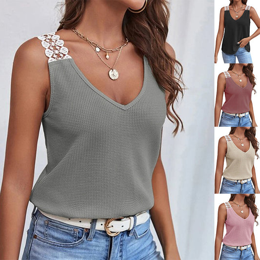 Women's Waffle V-Neck Sleeveless Lace Summer Tank Top