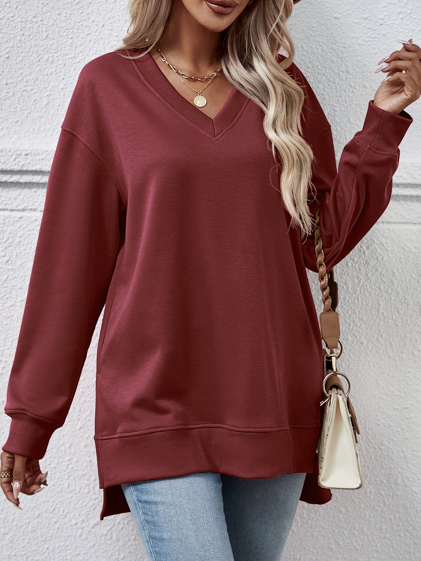 Women's Long V-neck Casual Split in the Side length longer in the back Sweater