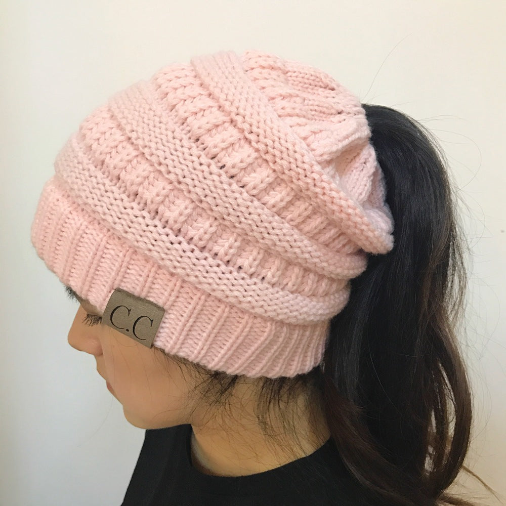 High Bun Ponytail Beanie Soft Stretch Cable Knit Warm Fuzzy Lined