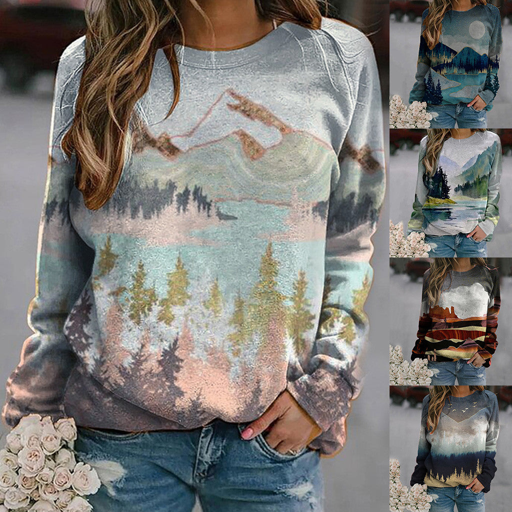 Women's Mountain Scenery Printed Long Sleeve Pullover