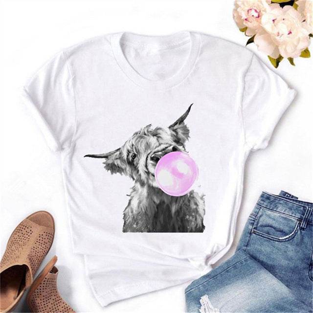 Women's Animal Blowing Bubble Gum Printed Short Sleeve Tee (XSm-4XL)