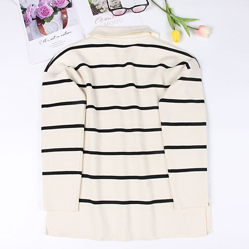 Women's V Pullover Stripe Color Matching Long Top