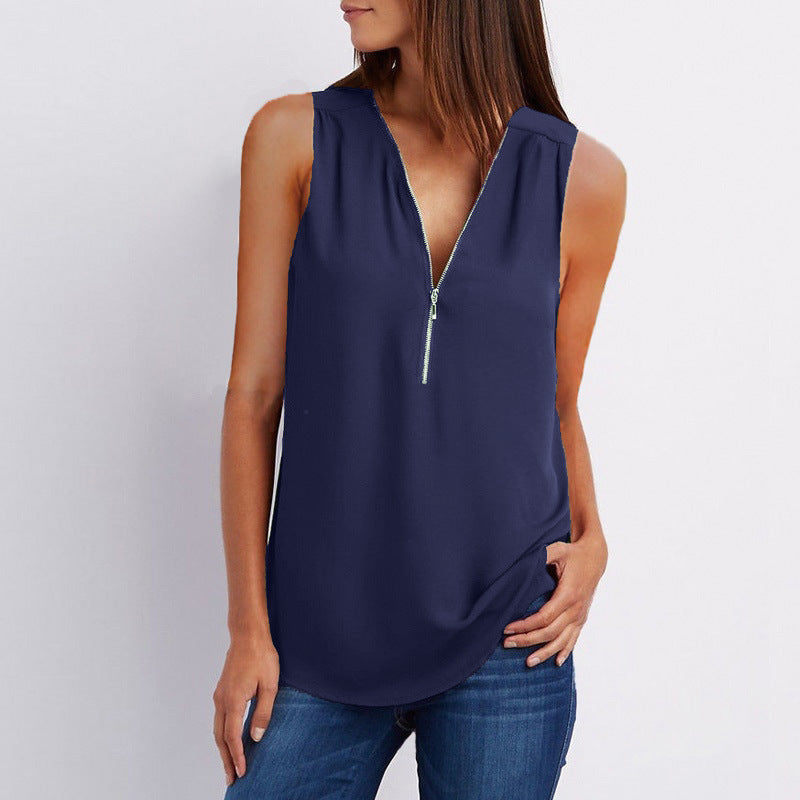 Women's Zip Sleeveless Chiffon Shirt