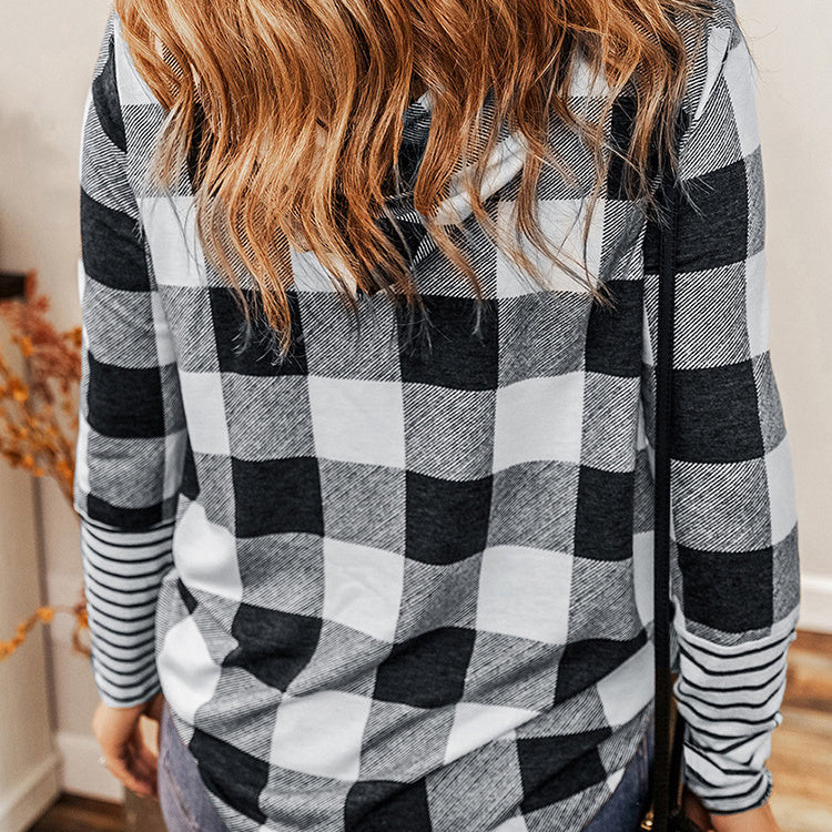 Women's Casual Plaid Stitching Long Pullover Hoodie