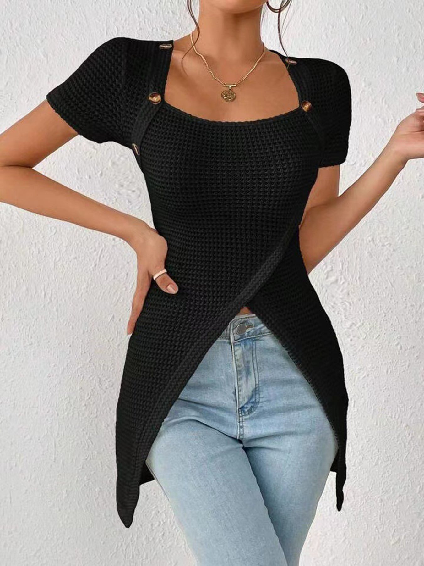 Women's Waffle Knit Long Hem Slit Button Top