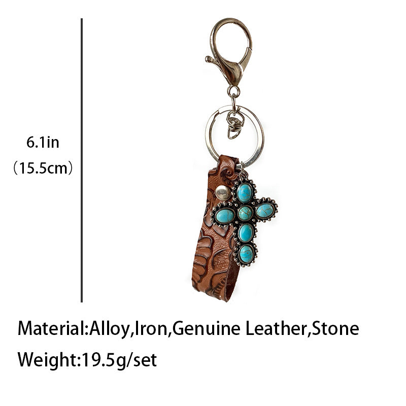 Turquoise Pendant w/ Textured Cowhide-leather Keychain