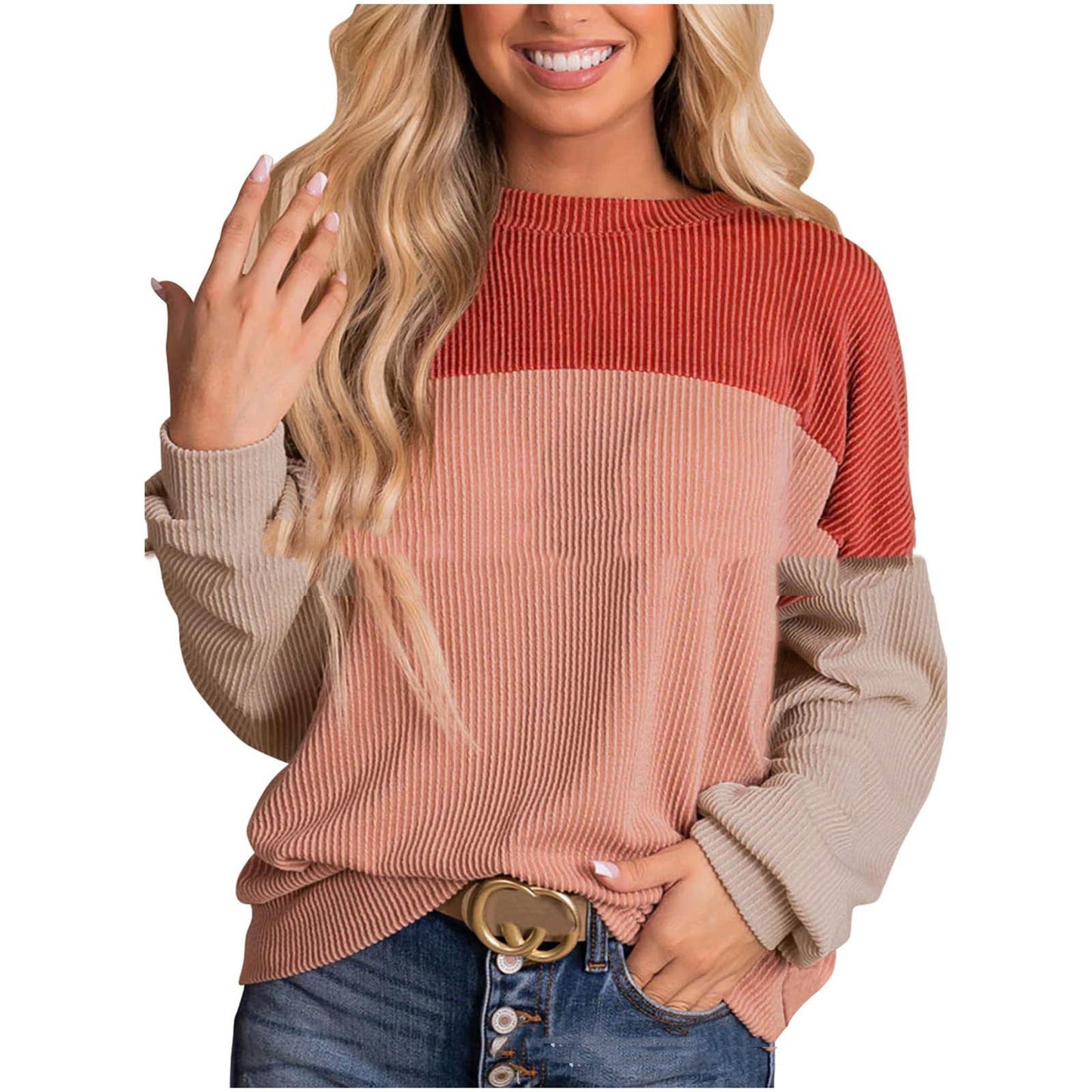 Women's Color Blocking Round Neck Long Sleeve Top