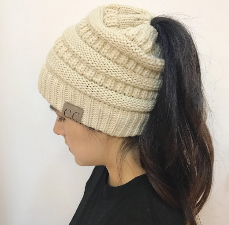 High Bun Ponytail Beanie Soft Stretch Cable Knit Warm Fuzzy Lined