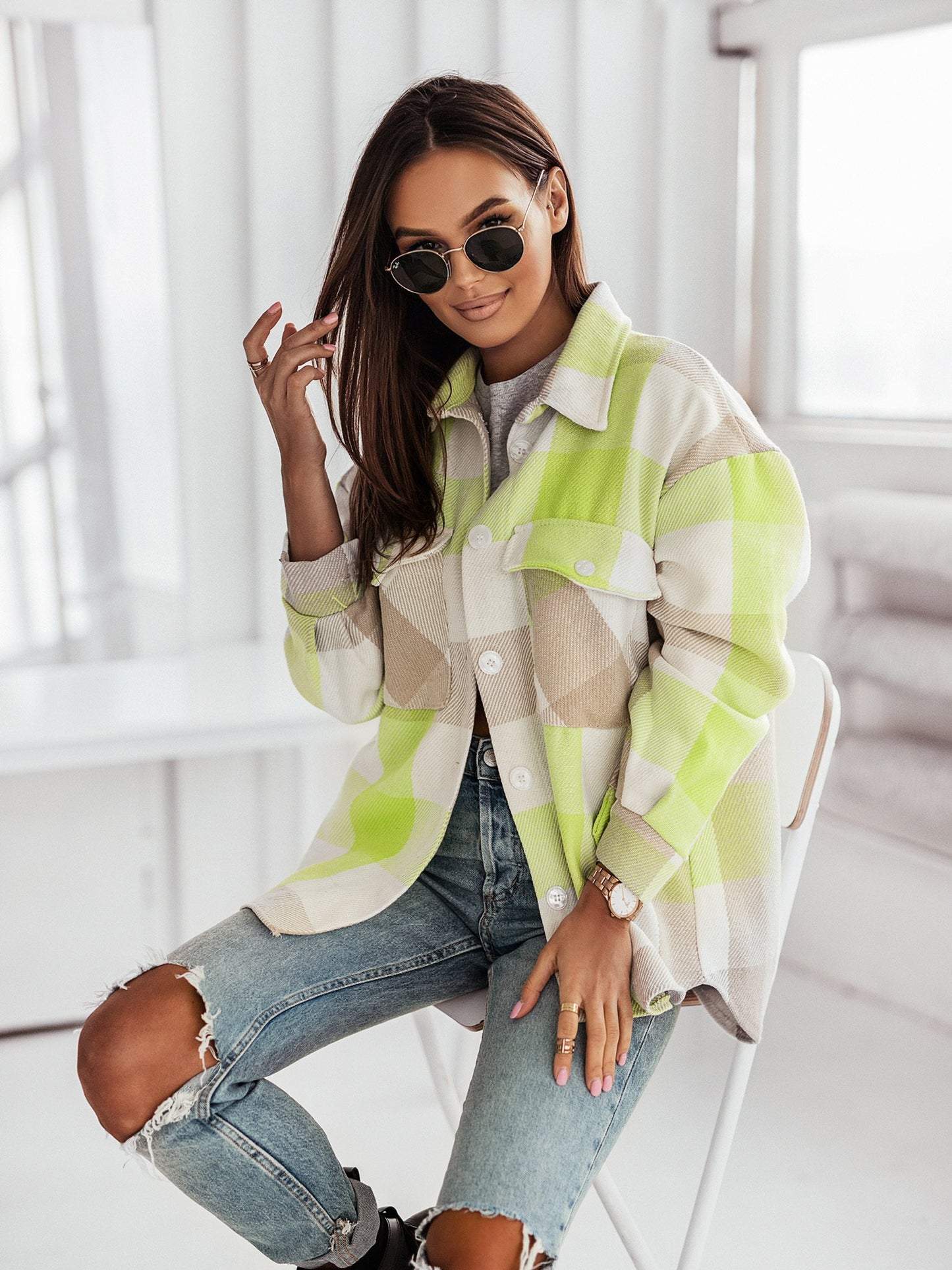 Women's Fashionable Color Plaid Shirt/ Overcoat