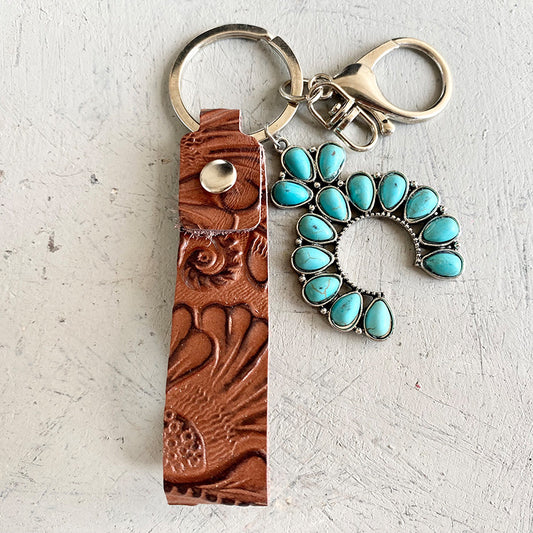 Turquoise Pendant w/ Textured Cowhide-leather Keychain