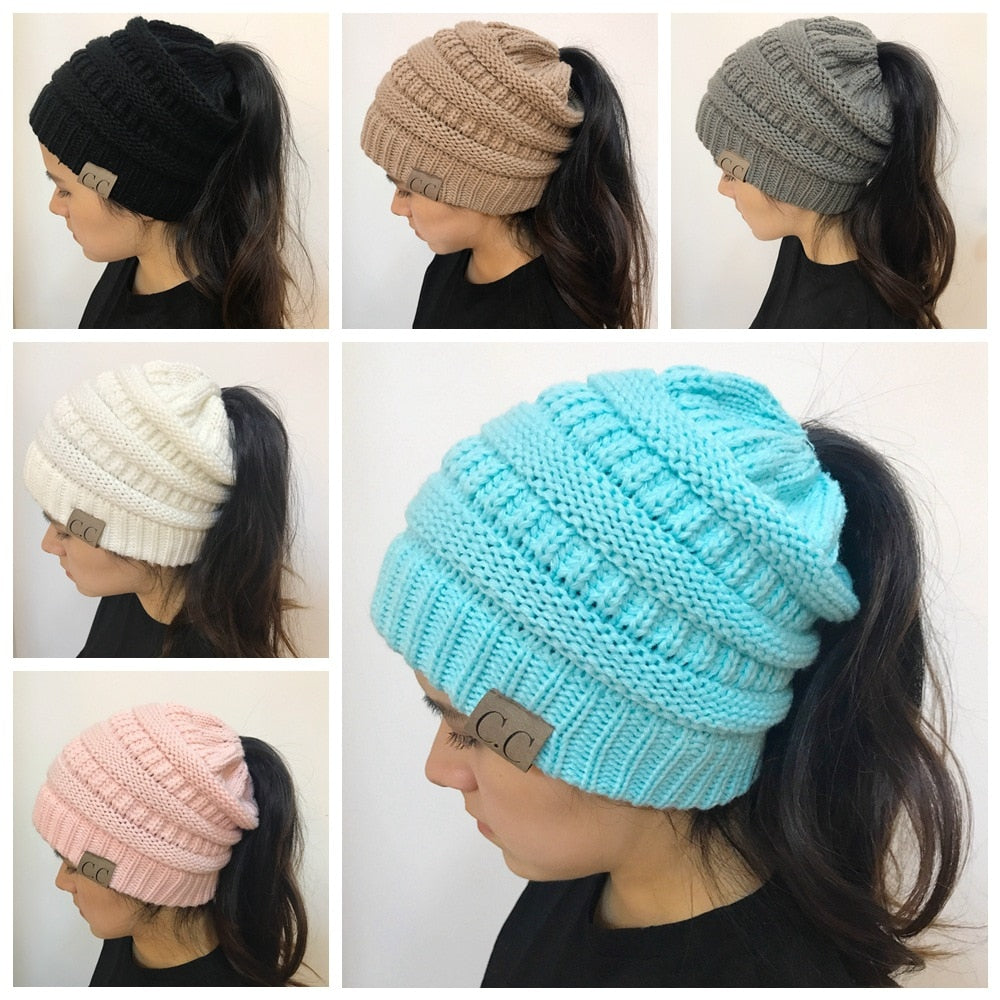 High Bun Ponytail Beanie Soft Stretch Cable Knit Warm Fuzzy Lined