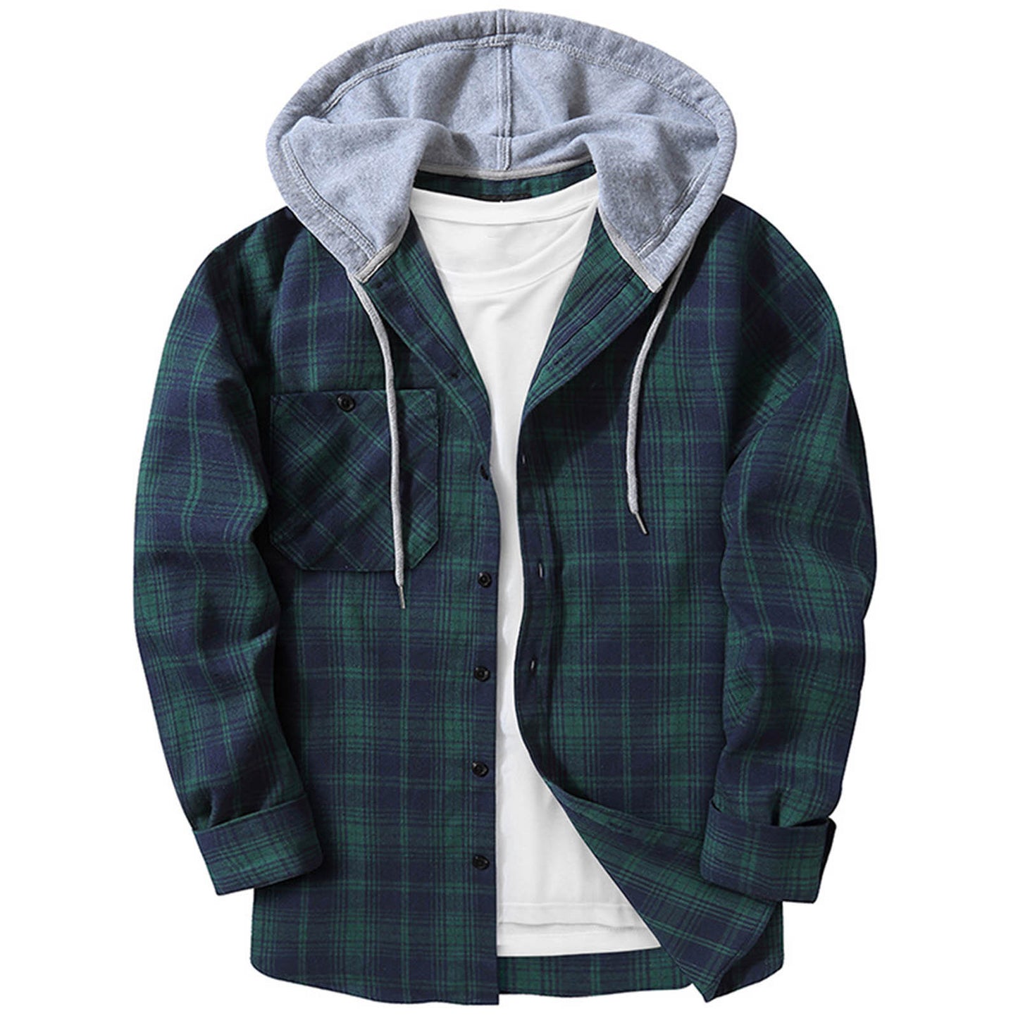 Men's Casual Hooded Plaid Long Sleeve Shirt - Various Plaid Colors