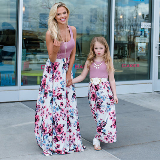 Mother and Daughter Flower Pattern dress long skirt