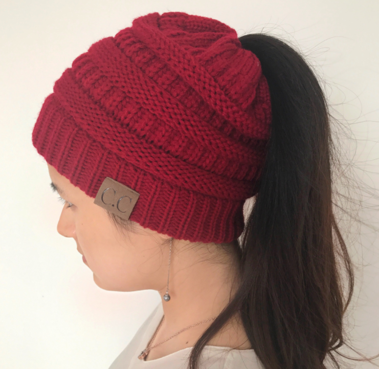 High Bun Ponytail Beanie Soft Stretch Cable Knit Warm Fuzzy Lined