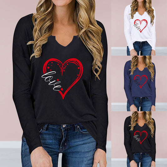 Women's V-neck Heart Printed Shirt - Perfect for Valentines Day