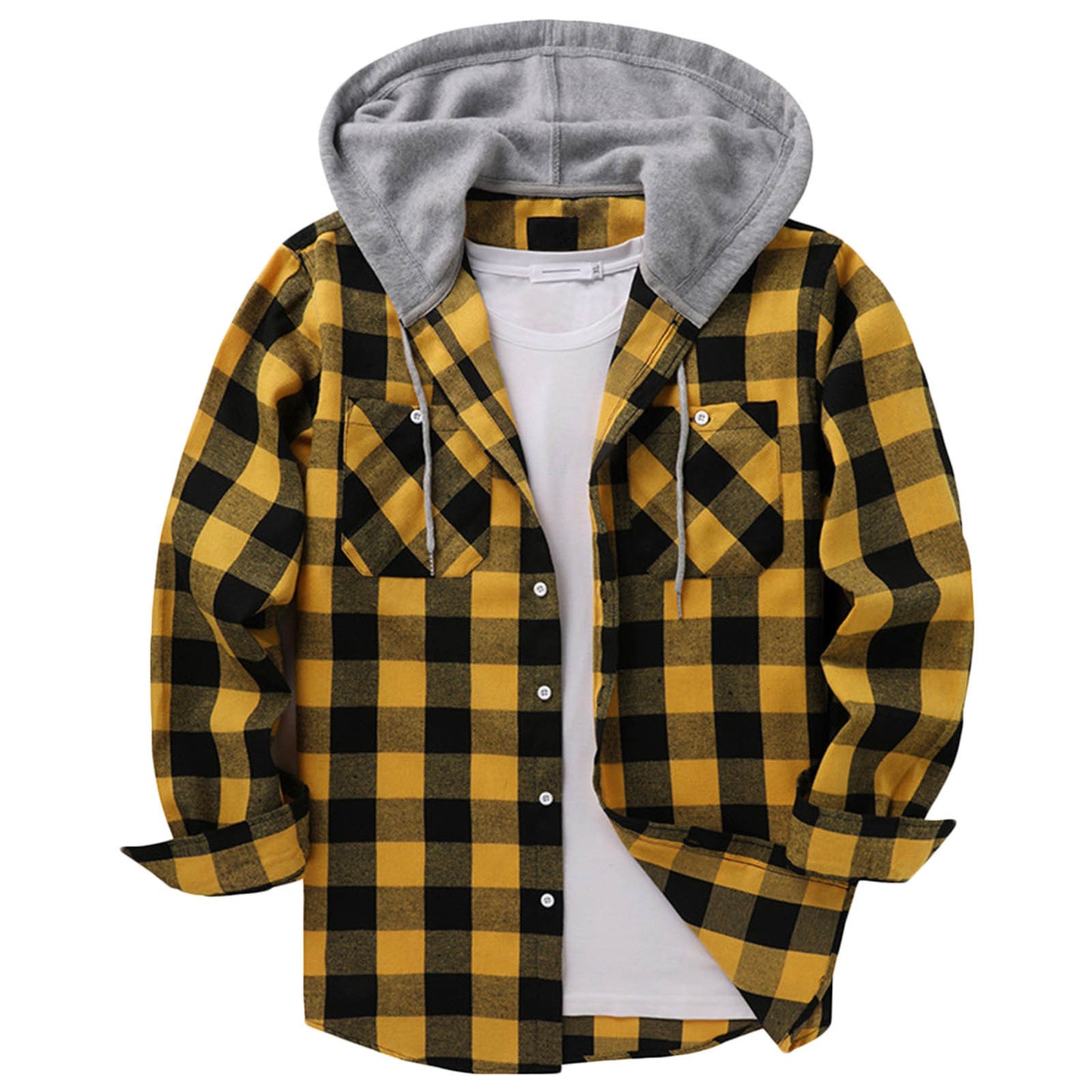 Men's Casual Hooded Plaid Long Sleeve Shirt - Various Plaid Colors