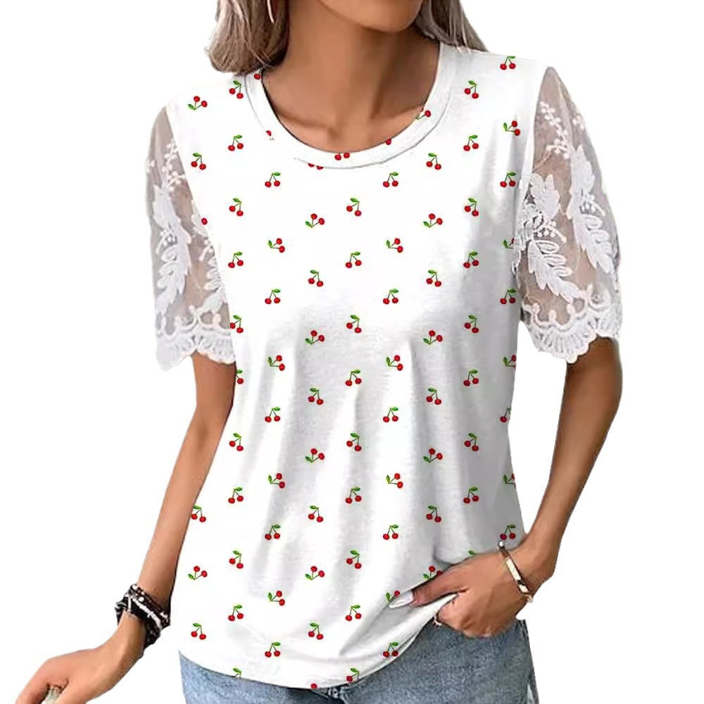 Women's Digital Printed Tee with Lace Sleeves