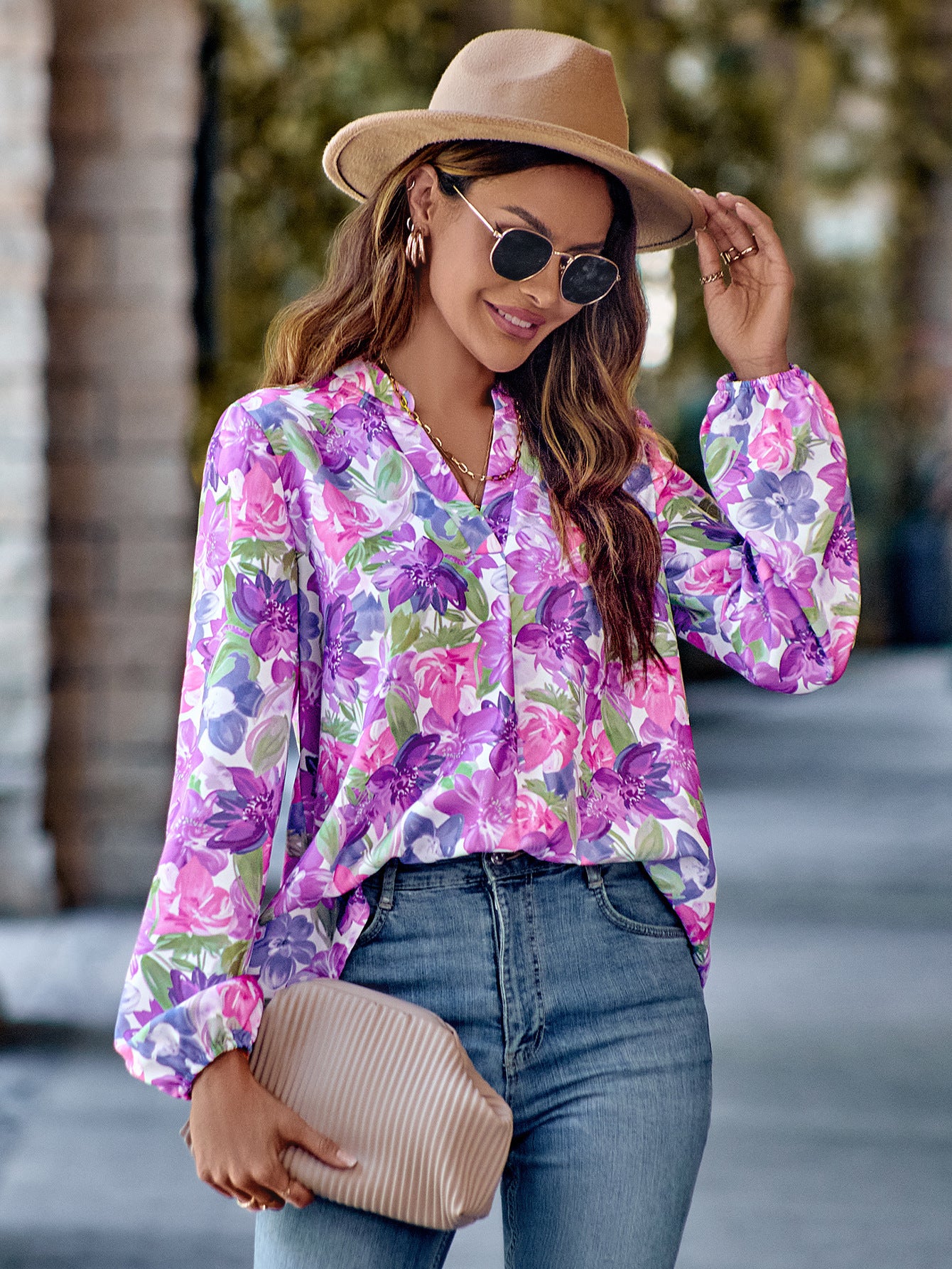 Women's V-neck Fashion Printed Long Sleeve Top