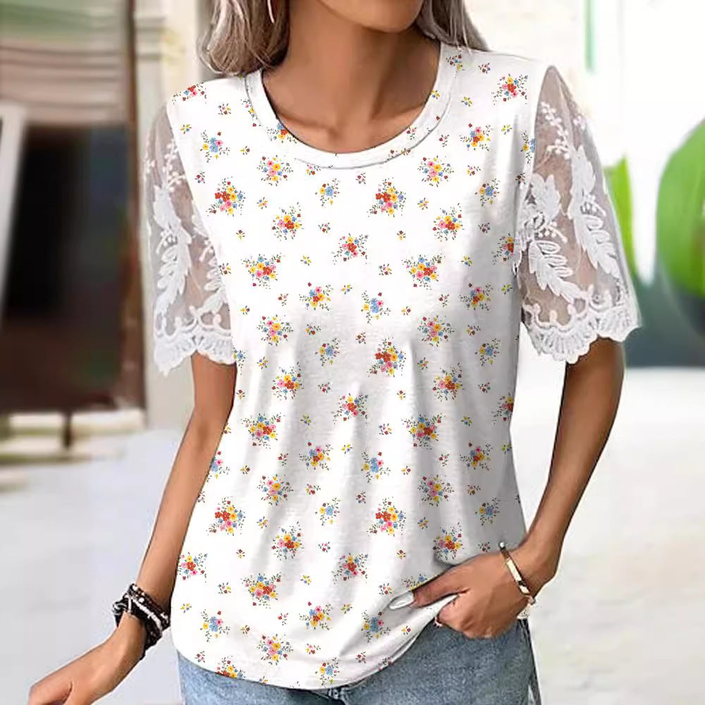 Women's Digital Printed Tee with Lace Sleeves