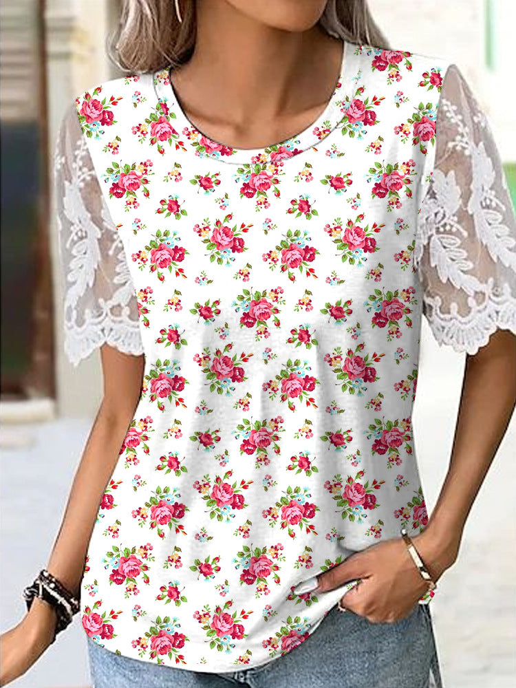 Women's Digital Printed Tee with Lace Sleeves