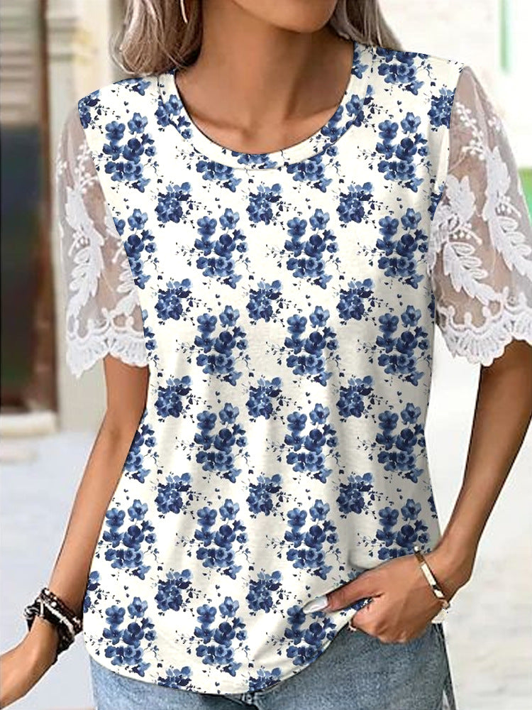 Women's Digital Printed Tee with Lace Sleeves